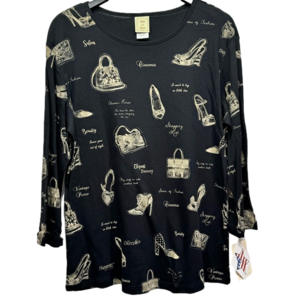 Jess & Jane Black Top 3/4 Sleeve Cotton Casual Fashion Shopping Theme Size Large